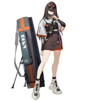 1girl bad_link black_mask brown_eyes girls'_frontline highres jewelry long_hair m4a1_(girls'_frontline) multicolored_hair necklace official_alternate_costume official_art orange_skirt shirt shoes skirt sneakers solo standing white_background white_shirt