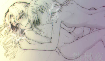 2girls absurdres alternate_hairstyle arm_support breasts commentary_request completely_nude fingering greyscale hair_down hands_on_another's_shoulders higashizukihi_sei highres long_hair looking_to_the_side medium_hair misaka_mikoto monochrome multiple_girls navel nipples nude pussy_juice shirai_kuroko small_breasts spread_legs straddling sweat toaru_kagaku_no_railgun toaru_majutsu_no_index translation_request wavy_hair yuri