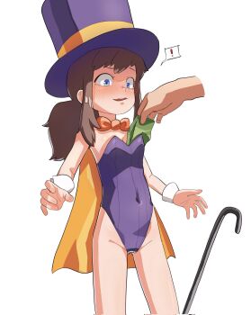 ! 1girl a_hat_in_time blue_eyes blush bow bowtie cane cape disembodied_hand hat hat_kid highres leotard loli money onion_(tamanegi) open_mouth orange_bow orange_bowtie ponytail purple_headwear purple_leotard sidelocks simple_background smile spoken_exclamation_mark strapless strapless_leotard top_hat tucked_money white_background wrist_cuffs yellow_cape
