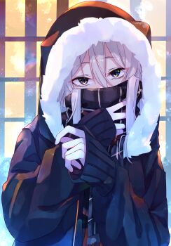 1girl absurdres alternate_costume black_coat black_scarf coat cold commentary covered_mouth facing_viewer fur-trimmed_coat fur_trim hair_between_eyes hands_up highres hololive light_particles long_hair long_sleeves looking_at_viewer minagokoro outdoors plaid_clothes plaid_scarf scarf shishiro_botan sleeves_past_wrists solo upper_body virtual_youtuber white_hair window winter winter_clothes winter_coat