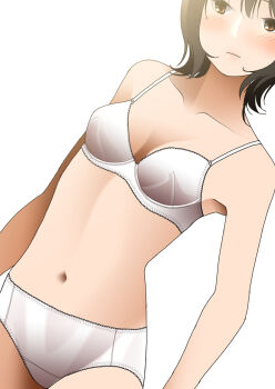 1girl black_eyes black_hair blush bra breasts closed_mouth commentary crotch_seam dutch_angle frown highres lace lace-trimmed_bra lace-trimmed_panties lace_trim looking_at_viewer medium_breasts navel original panties pen-racket short_hair simple_background solo standing underwear underwear_only white_background white_bra white_panties
