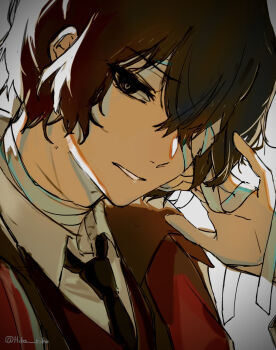 1boy bandage_over_one_eye black_eyes black_necktie brown_hair bungou_stray_dogs collared_shirt commentary_request dazai_osamu_(bungou_stray_dogs) hair_between_eyes hiba_riko highres looking_at_viewer male_focus necktie one_eye_covered parted_lips shirt short_hair solo teeth twitter_username white_shirt
