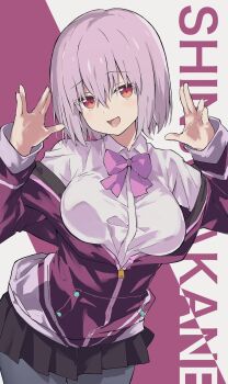 1girl as_buppa black_skirt bow bowtie breasts character_name collared_shirt commentary_request cowboy_shot grey_pantyhose gridman_universe hands_up highres jacket large_breasts leaning_forward looking_at_viewer multicolored_background off_shoulder open_mouth pantyhose partially_unzipped pleated_skirt purple_background purple_bow purple_bowtie purple_hair purple_jacket red_eyes salute shinjou_akane shirt skirt smile solo ssss.gridman standing vulcan_salute white_shirt