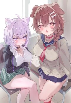 2girls absurdres ahoge animal_ear_fluff animal_ears belt_collar black_cardigan black_collar blue_sailor_collar blue_skirt blush bone_hair_ornament braid breasts brown_cardigan brown_hair buckle cardigan cat_ears cat_girl chair cleavage closed_mouth collar collared_shirt commentary crossed_legs desk dog_ears dog_girl droopy_ears english_commentary fang green_skirt gyaru hair_ornament highres hololive hood hood_down hooded_cardigan indoors inugami_korone kogal large_breasts long_hair long_sleeves miniskirt multiple_girls neckerchief nekomata_okayu nishiro_hato on_chair open_cardigan open_clothes open_mouth orange_eyes paw_pendant plaid_clothes plaid_skirt pleated_skirt purple_eyes purple_hair red_collar red_neckerchief sailor_collar school_chair school_desk shirt short_hair sitting skin_fang skirt standing v-shaped_eyebrows virtual_youtuber white_shirt