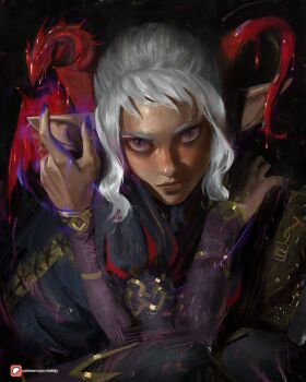 1boy androgynous dark-skinned_male dark_skin dragon dungeon_meshi elf highres lips looking_at_viewer male patreon_logo patreon_username pointy_ears purple_eyes sebijy sidelocks thistle_(dungeon_meshi) white_hair