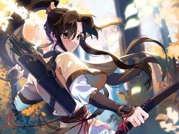 1boy absurdres arrow_(projectile) bindi bow_(weapon) brown_hair chinese_clothes facial_mark forehead_mark gauntlets gzgzmym hanfu high_ponytail highres jin_ling long_hair long_sleeves male_focus modao_zushi ponytail quiver robe sidelocks string weapon wide_sleeves xiao_guan_(headdress) yellow_hanfu yellow_robe