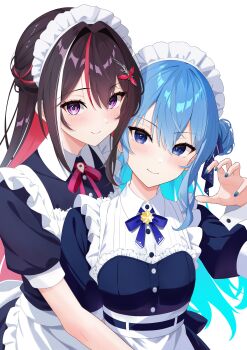 Rule 34 | 2girls, absurdres, alternate costume, apron, aqua hair, asymmetrical sidelocks, azki (hololive), black hair, blue dress, blue hair, blue nails, blue ribbon, braid, brooch, claw pose, closed mouth, collared dress, colored inner hair, commentary request, double-parted bangs, dress, frilled apron, frilled dress, frills, hair between eyes, hair bun, hair intakes, hair ornament, hair ribbon, hairclip, half up braid, hand up, highres, hololive, hoshimachi suisei, jewelry, long hair, looking at viewer, maid, maid headdress, multicolored hair, multiple girls, nail polish, neck ribbon, official alternate hairstyle, pink hair, pink ribbon, pink streaks, puffy short sleeves, puffy sleeves, purple eyes, ribbon, short sleeves, side up bun, sidelocks, simple background, single side bun, smile, streaked hair, telu (teluscarlet), very long hair, virtual youtuber, waist apron, white apron, white background, white streaks