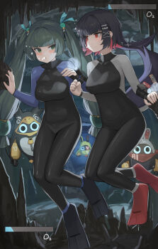 2girls absurdres air_bubble amillion_(zenless_zone_zero) bangboo_(zenless_zone_zero) black_hair black_wetsuit blush breasts bubble cave colored_inner_hair commission diving dolri ellen_joe eous_(zenless_zone_zero) fins fish_tail flashlight flippers green_eyes green_hair hair_ornament health_bar highres long_hair medium_breasts multicolored_hair multiple_girls penguinboo_(zenless_zone_zero) pixiv_commission qingyi_(zenless_zone_zero) red_eyes red_hair shark_girl shark_tail sphere_hair_ornament tail twintails underwater zenless_zone_zero