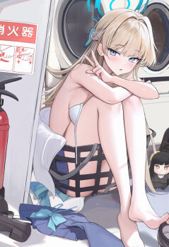 1girl ? barefoot blonde_hair blue_archive blue_eyes blue_halo blue_skirt blush bra breasts character_doll doll earrings fire_extinguisher halo highres houraku indoors jewelry long_hair looking_at_viewer medium_breasts open_bra open_mouth rio_(blue_archive) sensei_(blue_archive) sitting skirt solo_focus stud_earrings textless_version toes toki_(blue_archive) underwear unworn_clothes white_bra