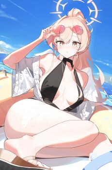 1girl absurdres arm_up armpits ass bare_legs beach black_one-piece_swimsuit blonde_hair blue_archive blush boat breasts breasts_apart casual_one-piece_swimsuit commentary eyewear_on_head halo highres inflatable_boat jacket large_breasts long_hair looking_at_viewer nagisa_(blue_archive) nagisa_(swimsuit)_(blue_archive) official_alternate_costume on_boat one-piece_swimsuit orange-tinted_eyewear outdoors ponytail revision ryua_(user_kedz2257) sandals sitting solo sweatdrop swimsuit tinted_eyewear watercraft white_jacket