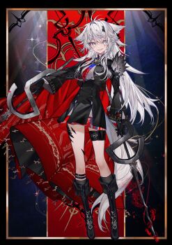 1girl animal_ears arknights black_boots black_border black_gloves black_jacket black_skirt black_socks blood blood_on_tail bolo_tie boots border cape commentary dual_wielding full_body gloves grey_eyes grin hair_between_eyes hair_ornament hairclip high-waist_skirt highres holding holding_weapon jacket knee_boots kneehighs lappland_(arknights) lappland_the_decadenza_(arknights) light_particles long_hair looking_at_viewer material_growth oripathy_lesion_(arknights) red_cape sharp_teeth shin_strap skirt smile socks solo sparkle standing tail teeth weapon white_hair wolf_ears wolf_girl wolf_tail yononaka