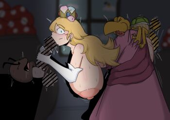 1girl 2boys blonde_hair blush breasts censored closed_eyes clothed_sex condom earrings fellatio goomba grabbing_another's_ass grabbing_from_behind groping group_sex huge_breasts huge_penis huge_testicles interspecies jewelry koopa_troopa long_hair mario_(series) mmf_threesome monster mosaic_censoring multiple_boys netorare nintendo open_mouth oral penis penis_grab piercing princess_peach sex sex_from_behind size_difference surprised sweat testicles threesome tongue tongue_out