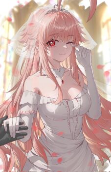 Rule 34 | 1girl, ahoge, bare shoulders, bfs1557897975, black souls, black souls 2, breasts, bridal veil, cleavage, commentary request, dress, elbow gloves, gloves, hand up, highres, huge ahoge, jewelry, long hair, looking at viewer, necklace, one eye closed, pink hair, pov, pov hands, prickett (black souls), red eyes, smile, solo focus, star-shaped pupils, star (symbol), symbol-shaped pupils, tears, veil, wavy mouth, white dress, white gloves, white veil