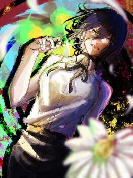 1girl absurdres black_choker black_hair black_ribbon black_shorts blurry blurry_foreground chainsaw_man choker collared_shirt commentary_request flower green_eyes grenade_pin hair_between_eyes highres looking_at_viewer neck_ribbon nshi_5477 reze_(chainsaw_man) ribbon shirt shirt_tucked_in shorts sleeveless sleeveless_shirt solo white_flower white_shirt
