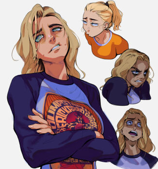 1girl absurdres blonde_hair blue_eyes clenched_teeth happy_death_day highres long_hair long_sleeves open_mouth parted_lips ponytail relusionh shirt short_hair short_ponytail simple_background solo t-shirt teeth tree_gelbman white_background