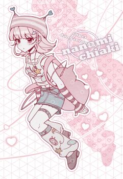 1girl animal_bag backpack bag breasts brown_hair cat_bag character_name danganronpa_(series) danganronpa_2:_goodbye_despair duwan1044834 fingerless_gloves flipped_hair gloves hair_ornament highres kneehighs looking_at_viewer medium_breasts medium_hair nanami_chiaki pink_eyes shirt shoes skirt socks solo striped_hat white_shirt