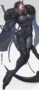 1girl absurdres black_boots boots breasts commentary dazzur_(dazzur_system) fingernails full_body grey_background headgear highres holding holding_scythe knife lace-up_boots large_breasts long_hair looking_at_viewer mole mole_under_eye mouth_veil open_mouth original pink_eyes pouch scythe sharp_fingernails sheath sheathed simple_background solo thigh_sheath veil