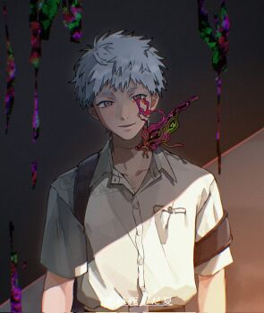 1boy artist_name backpack bag black_bag body_horror buttons collared_shirt copyright_name corrupted_twitter_file cowboy_shot highres hikaru_ga_shinda_natsu indou_hikaru looking_at_viewer male_focus meiko623 pocket red_pupils shirt shirt_tucked_in short_eyebrows short_hair short_sleeves solo white_hair white_shirt