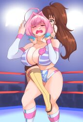 Rule 34 | 2girls, asphyxiation, brown hair, commission, fang, multiple girls, pixiv commission, strangling, taneshima popura, whitecawfeee, wrestling, wrestling outfit, wrestling ring, yumemi riamu