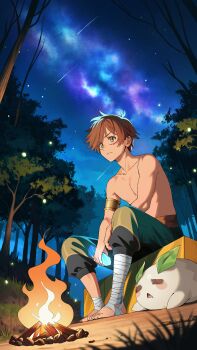 1boy absurdres bandaged_foot bandages brown_hair campfire closed_mouth commentary creature crystal daiko_(tomo) drooling english_commentary facial_mark forest full_body highres holding holding_crystal male_focus merururuu milky_way mouth_drool nature night night_sky outdoors shooting_star short_hair sitting sky sleeping star_(sky) tomo:_endless_blue topless_male tree