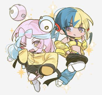 2girls bee_(dtlkdt) black_hair black_pants blonde_hair blue_hair blue_pants blush_stickers bow-shaped_hair canari_(pokemon) chibi chibi_only crop_top full_body highres iono_(pokemon) jacket long_hair long_sleeves looking_at_another mask_pull multicolored_hair multiple_girls navel nintendo off_shoulder one_eye_closed open_mouth pants pink_eyes pink_hair pokemon pokemon_legends:_z-a pokemon_sv purple_eyes sharp_teeth short_hair sleeves_past_fingers sleeves_past_wrists split-color_hair teeth two-tone_hair two-tone_pants upper_teeth_only white_background yellow_jacket
