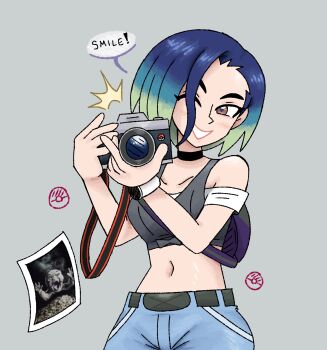 Rule 34 | 1girl, ai-generated art (topic), ash baby (meme), bare shoulders, black choker, blue hair, bob cut, breasts, brown eyes, camera, choker, collarbone, commentary, crop top, denim, english commentary, english text, gen 1 pokemon, geodude, gradient hair, grey shirt, highres, holding, holding camera, jeans, johnzuu, loose hair strand, medium breasts, meme, midriff, multicolored hair, nintendo, off-shoulder shirt, off shoulder, one eye closed, pants, perrin (pokemon), photographer, pokemon, pokemon sv, ribbed shirt, shirt, short hair, sleeveless, sleeveless shirt, undershirt, upper body, v-neck, watch, wristwatch