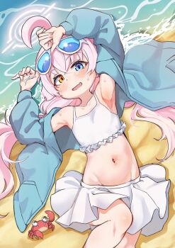 1girl ahoge armpits arms_up beach blue-tinted_eyewear blue_archive blue_eyes blue_shirt blush crab fang from_above halo heterochromia hoshino_(blue_archive) hoshino_(swimsuit)_(blue_archive) long_hair low_twintails lying navel on_back open_clothes open_mouth open_shirt pink_hair shirt skin_fang skirt solo sunglasses sunglasses_on_head swimsuit swimsuit_skirt tinted_eyewear tomoko908_(nap4342) twintails wet white-framed_eyewear white_skirt yellow_eyes
