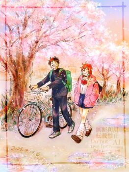 Rule 34 | 1boy, 1girl, ayase momo, backpack, bag, bicycle, black bag, black choker, black hair, black jacket, black pants, blue skirt, blush, bow, bowtie, brown shoes, cherry blossoms, choker, closed eyes, collared shirt, commentary request, dandadan, earrings, falling petals, full body, gakuran, glasses, gold buttons, green bag, hair between eyes, hands in pockets, highres, jacket, jewelry, loafers, loose socks, medium hair, open mouth, outdoors, pants, petals, pink jacket, pink petals, pleated skirt, pushing bicycle, red bow, red bowtie, red hair, round eyewear, school uniform, shirt, shoes, short hair, skirt, smile, sneakers, socks, takakura ken (dandadan), tree, walking, white shirt, white socks, zisshitu0kcal