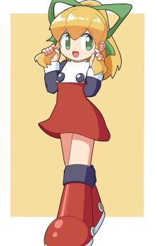 Rule 34 | 1girl, :d, blonde hair, boots, bow, cocia (kosianko), commentary request, dress, full body, green bow, green eyes, hair between eyes, hair bow, holding, holding own hair, long sleeves, looking to the side, mega man (classic), mega man (series), open mouth, ponytail, red boots, red dress, roll (mega man), smile, solo, yellow background