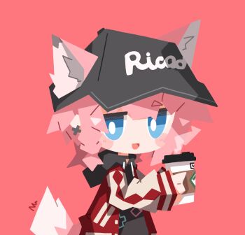 1girl absurdres animal_ears arknights blue_eyes cup disposable_cup ears_through_headwear fox_ears fox_girl fox_tail hat highres holding holding_cup jacket nuu_(nu-nyu) official_alternate_costume pink_hair red_jacket simple_background solo sussurro_(arknights) sussurro_(travel_freely)_(arknights) tail