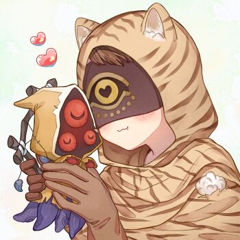 0sushi_a 1boy :3 animal_ear_fluff animal_hood animal_print blindfold blush brown_gloves brown_hair character_doll closed_eyes colored_sclera doll eli_clark eli_clark_(longing_tiger) fang gloves heart holding holding_stuffed_toy hood hood_up identity_v male_focus mini_hastur red_sclera striped_blush stuffed_toy tentacles tiger_hood tiger_print