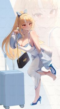 1girl absurdres bag blonde_hair blue_bra blue_shoes blush bra bra_peek brown_bag closed_mouth commentary commission dark-skinned_female dark_elf dark_skin dress elf english_commentary high_heels highres holding holding_bag hololive jacket long_hair looking_at_viewer open_clothes open_jacket pointy_ears ponytail red_eyes shiranui_flare shoes sidelocks smile solo standing standing_on_one_leg underwear virtual_youtuber white_dress white_jacket yujeuuz