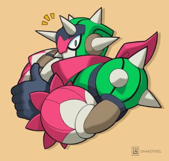 Rule 34 | 1boy, 2026, artist name, black gloves, brown background, cactus, commentary, cropped torso, drop shadow, english commentary, gloves, green eyes, highres, looking at viewer, male focus, mega man: dual override, mega man (classic), mega man (series), mega man robot master design contest, notice lines, original, red scarf, robot, scarf, simple background, snakepixel, thumbs up, visor (armor)