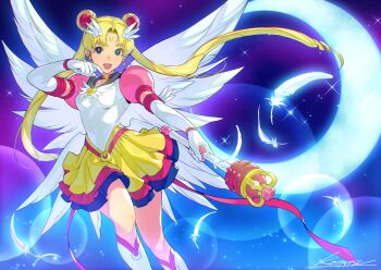 1girl bishoujo_senshi_sailor_moon blonde_hair blue_background blue_eyes blue_skirt breasts cowboy_shot crescent double_bun earrings facial_mark feathered_wings feathers forehead_mark hair_bun highres holding holding_sword holding_weapon jewelry kotatsu_(g-rough) magical_girl medium_breasts pink_skirt sailor_moon shirt skirt solo star_(symbol) star_earrings sword twintails weapon white_feathers white_shirt white_wings wings yellow_skirt