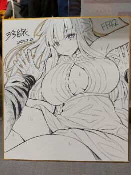 1boy 1girl breasts cleavage commentary_request dated dress expressionless fern_(sousou_no_frieren) hatching_(texture) highres large_breasts marker_(medium) monochrome partially_unbuttoned photo_(medium) pov pov_hands signature sousou_no_frieren stark_(sousou_no_frieren) sweat traditional_media zhen_lu