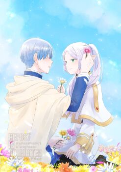 1boy 1girl aruna black_pantyhose blue_hair blue_jacket blue_sky boots brown_boots capelet cloak closed_eyes closed_mouth elf field flower flower_field frieren gold_trim green_eyes grey_hair hair_between_eyes hair_flower hair_ornament hair_over_shoulder hetero highres himmel_(sousou_no_frieren) holding holding_flower jacket kneeling light_smile long_hair looking_at_another meadow open_mouth outdoors pantyhose parted_bangs pink_flower pointy_ears red_flower short_hair sitting skirt sky sousou_no_frieren twintails white_capelet white_cloak white_flower white_jacket white_skirt white_trim yellow_flower