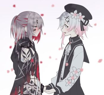 Rule 34 | 2girls, beret, black dress, black hat, black ribbon, blush, colored inner hair, commentary request, dress, eye contact, face-to-face, from side, gradient hair, grey hair, hair ornament, hat, holding hands, hood, hood down, long sleeves, looking at another, mahou shoujo no majo saiban, medium hair, multicolored hair, multiple girls, open mouth, petals, pink eyes, profile, red eyes, red streaks, ribbon, rune (ru-nn), sakuraba ema, shito alisa, short hair, simple background, smile, standing, streaked hair, white background, white hair, x hair ornament, yuri