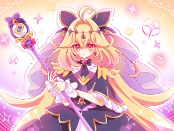 Rule 34 | 1girl, antenna hair, black bow, black capelet, black dress, blonde hair, bow, brooch, capelet, commentary request, cure arcana shadow, diamond hairband, dress, frilled capelet, frills, hair intakes, heart, heart brooch, highres, holding, holding staff, jewelry, long hair, looking at viewer, magical girl, meitantei precure!, moria luluka, precure, purple veil, solo, staff, tear arcana rod, user ghaf3443, veil, very long hair, wrist cuffs