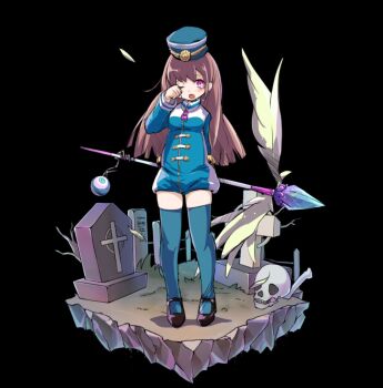 arm_behind_back black_background black_shoes blue_dress blue_hat blue_thighhighs bone breasts brown_hair collared_dress crying dress feathered_wings full_body grave graveyard hand_up hat highres holding holding_staff koron_(merc_storia) long_hair long_sleeves mary_janes medium_breasts merc_storia merc_storia_art_team official_art one_eye_closed pink_eyes rubbing_eyes shoes simple_background skull solo staff standing tachi-e tearing_up thighhighs white_wings wings