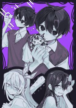 Rule 34 | 1boy, 1girl, antenna hair, aubrey (faraway) (omori), aubrey (omori), baseball bat, bow, collared shirt, commentary, crying, crying with eyes open, hair bow, hairband, highres, holding, holding baseball bat, holding stuffed toy, hoshi-kun (kikuo), jacket, kikuo, labo 9696, limited palette, long hair, nail (hardware), nail bat, omori, parted lips, shirt, short hair, short sleeves, stuffed animal, stuffed toy, sunny (omori), sweater vest, symbol-only commentary, tears, teeth