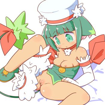 1girl animal_ears bar_censor bottomless breasts breasts_out cello_(20000) censored cleft_of_venus collar detached_sleeves female_focus green_eyes green_hair green_shoes hat highres lying nipples on_back pussy red_ribbon ribbon rufeel shoes short_hair solo spread_legs summon_night summon_night:_swordcraft_story tail webp-to-png_conversion white_hat