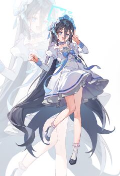 1girl :d absurdres aris_(blue_archive) black_hair black_shoes blue_archive blue_bow blue_bowtie blue_eyes blue_halo blue_ribbon blush bonnet bow bowtie chinstrap dress frilled_bonnet frilled_socks frills hair_between_eyes halo hands_up hashtag-only_commentary hat hat_bow high_heels highres juliet_sleeves leg_up long_hair long_sleeves looking_at_viewer open_mouth puffy_sleeves ribbon sha_(nz2) shoes smile socks solo standing standing_on_one_leg v very_long_hair white_dress white_socks zoom_layer
