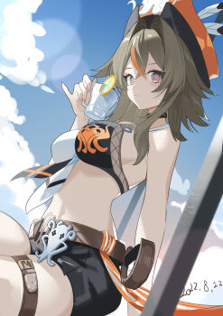 1girl absurdres bare_shoulders bikini blue_sky breasts brown_hair chinese_commentary cloud cloudy_sky commentary cup dated denim denim_shorts food fruit grey_eyes hair_between_eyes hat highres holding holding_cup honkai_(series) honkai_impact_3rd large_breasts lemon lemon_slice looking_at_viewer medium_hair midriff multicolored_bikini pirate_hat qtian shorts sky solo stomach summer swimsuit thigh_strap thighs two-tone_bikini vill-v vill-v_(i'm_the_storm)