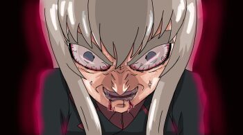 Rule 34 | 1girl, aura, black background, black jacket, blood, blood on face, bloodshot eyes, blue eyes, close-up, dark aura, dragon ball, dragonball z, girls und panzer, grey hair, gupfanprojekt, highres, itsumi erika, jacket, kuromorimine military uniform, long hair, looking at viewer, meme, military, military jacket, military uniform, open mouth, red shirt, shirt, simple background, solo, solo focus, teeth, then something just snapped something inside of me (meme), upper body, vegeta