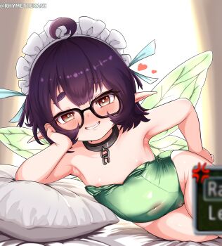 1girl absurdres ahoge armpits black_souls collar commentary cosplay english_commentary glasses green_leotard grin highres kani_(rhymeruru) leaf_(black_souls) leaf_(black_souls)_(cosplay) leotard loli looking_at_another metal_collar nipple_slip nipples on_bed original pillow pointy_ears pov_across_bed rhymeruru smile solo wings
