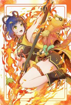 1girl 1other ankle_boots arm_up armpits black_gloves blue_hair boots braid braided_hair_rings chili_pepper chinese_clothes clothing_cutout commentary_request dress fingerless_gloves fire foot_out_of_frame from_side genshin_impact gloves guoba_(genshin_impact) hair_ornament hair_rings highres holding holding_polearm holding_weapon looking_up open_mouth polearm pyrokinesis short_hair sleeveless sleeveless_dress spear standing standing_on_one_leg weapon xiangling_(genshin_impact) yatsu_(yatsu_a_yatsu) yellow_eyes