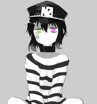 Rule 34 | 10s, 1girl, collarbone, female focus, genderswap, genderswap (mtf), green eyes, grey background, hat, heterochromia, highres, indian style, juugo (nanbaka), nanbaka, off shoulder, peaked cap, pink eyes, prison clothes, sada (sadahalu), shirt, simple background, sitting, smile, solo, spot color, striped clothes, striped shirt, tattoo
