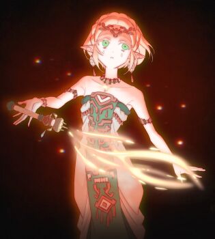 00bbb_lz 1girl armlet bare_shoulders blonde_hair bracelet braid breasts choker circlet collarbone colored_eyelashes commentary_request cowboy_shot crown_braid dress earrings green_eyes highres holding holding_weapon hyrule_warriors:_age_of_imprisonment jewelry korean_commentary long_dress magatama magatama_necklace medium_breasts necklace nintendo parted_bangs parted_lips pointy_ears princess_zelda secret_stone short_hair sidelocks simple_background solo strapless strapless_dress teardrop_facial_mark the_legend_of_zelda the_legend_of_zelda:_tears_of_the_kingdom weapon