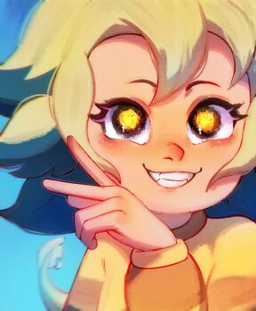 1girl amba_si black_eyes blonde_hair blue_hair fangs grin long_sleeves looking_at_viewer portrait short_hair smile solo sweater tail teeth the_owl_house v vee_(the_owl_house) yellow_pupils yellow_sweater