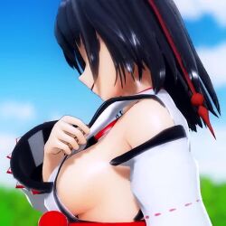 1girl 3d animated black_hair blurry blurry_background breasts clothes_pull cloud hat jiggle large_breasts looking_at_viewer medium_hair mofumoko5 naughty_face no_bra outdoors red_eyes seductive_smile shameimaru_aya sideboob sky smile solo tagme teasing touhou upper_body video